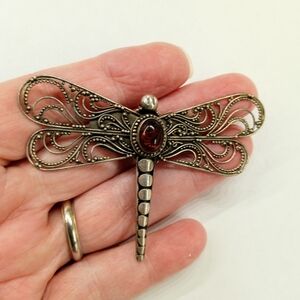 Large Sterling Silver Beaded Amber Dragonfly Brooch Vintage